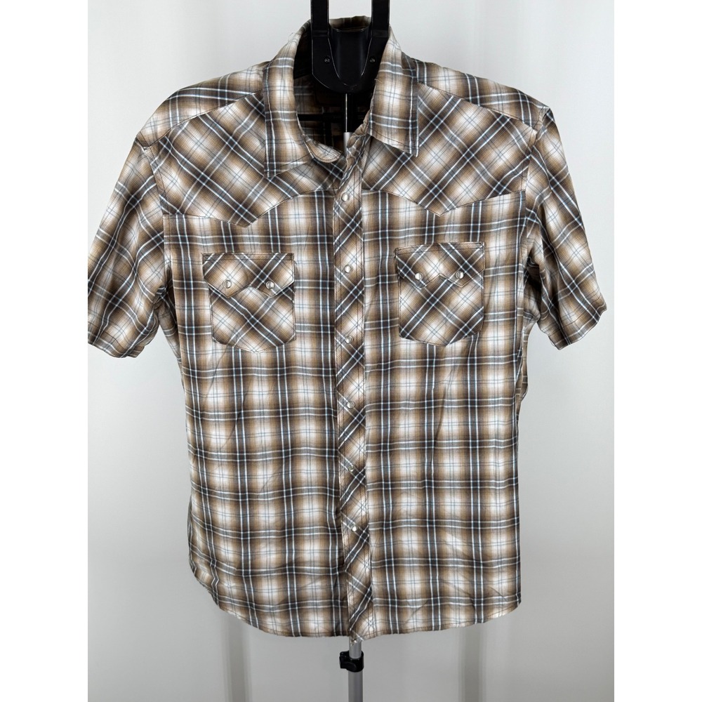 Wrangler Western Fashion Mens Brown Plaid Pearl Snap Short Sleeve Shirt XL